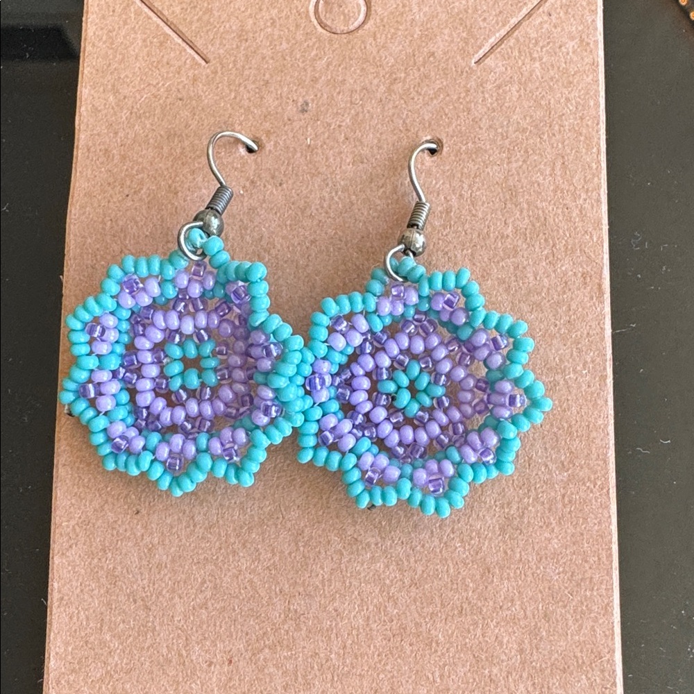 Handcrafted Alaskan Native American Purple and Blue Floral Beaded Earrings